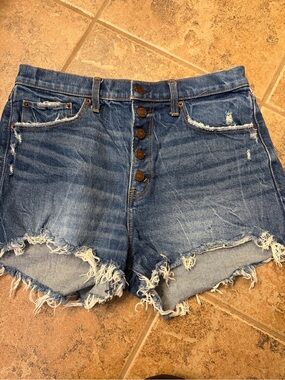 Abercrombie & Fitch Distressed High-Rise Denim Shorts - Blue